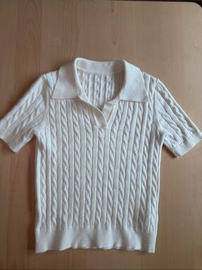 Classic Cable Knit V‑Neck Polo Sweater - Cream